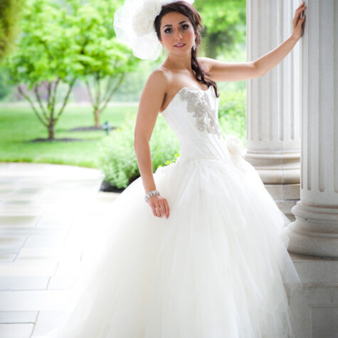 Luxury fancy bride dress portrait by columns