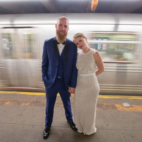 Bride and groom NYC subway