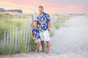 Dad and son on beach hawaiian shirts