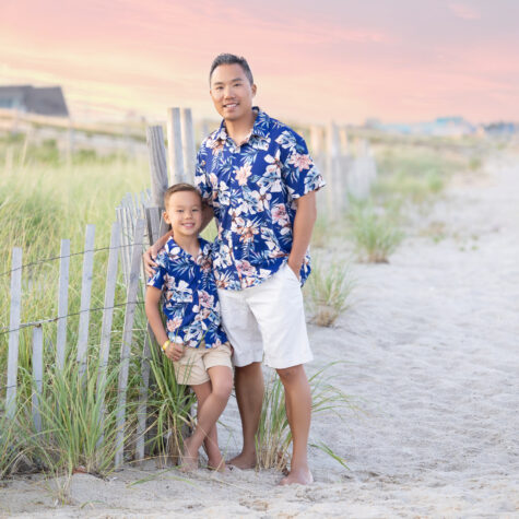 Dad and son on beach hawaiian shirts
