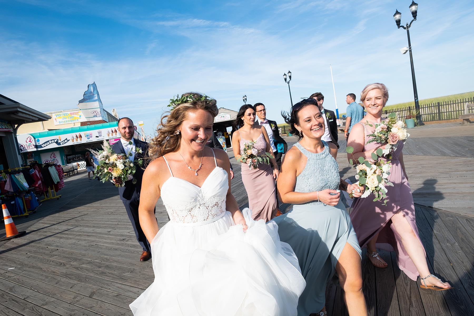 Bride and bridesmaids walking