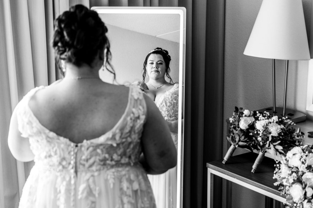 Black and white bride in mirror