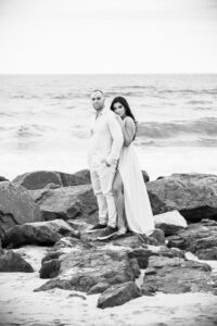 beach couple portrait on Rock Jetty NJ