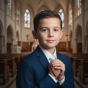 Communion portrait boy holding rosary in church