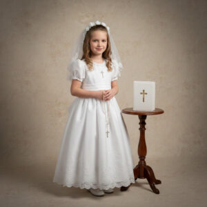 communion girl holding rosary studio portrait