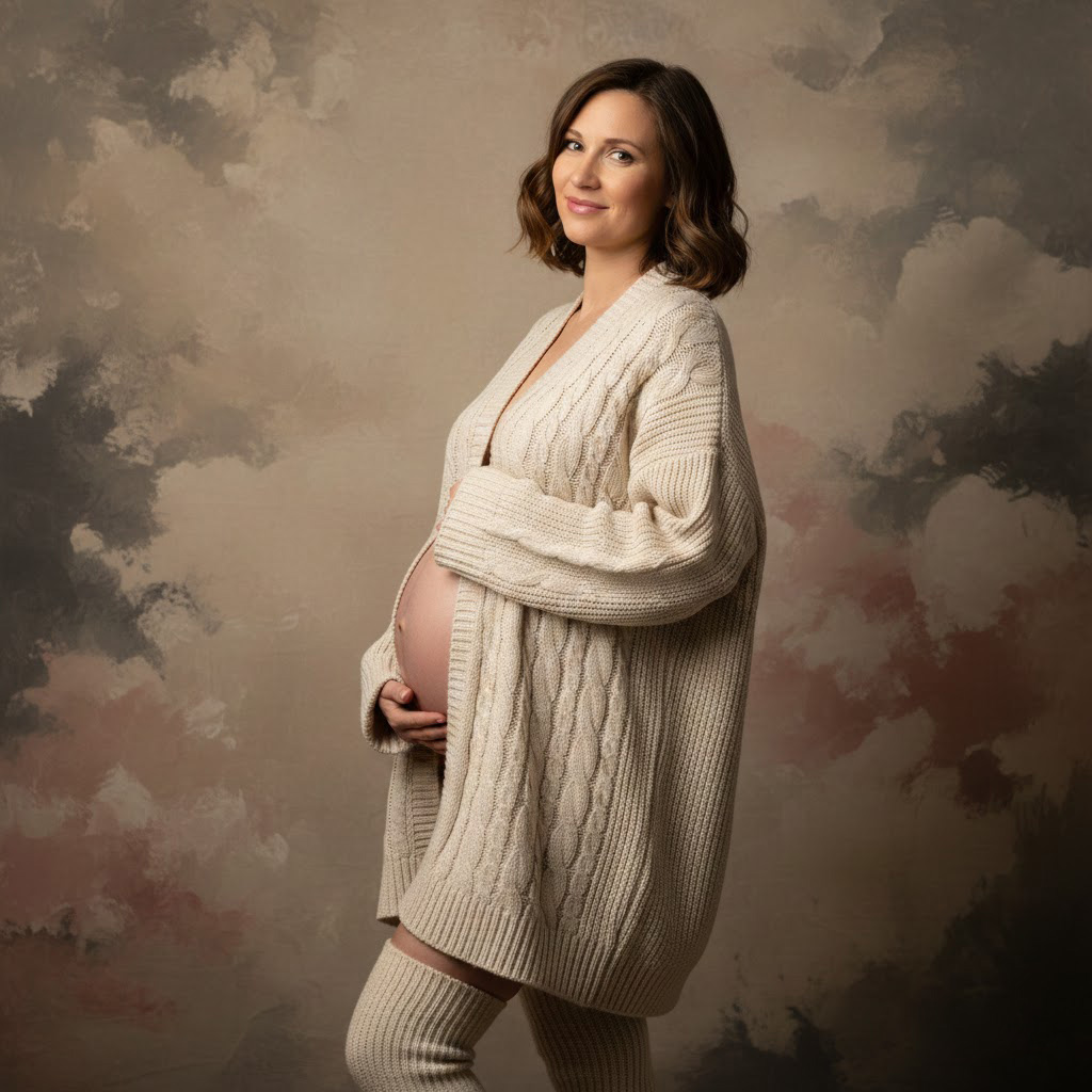 Pregnant woman in oversized soft cozy sweater with belly exposed