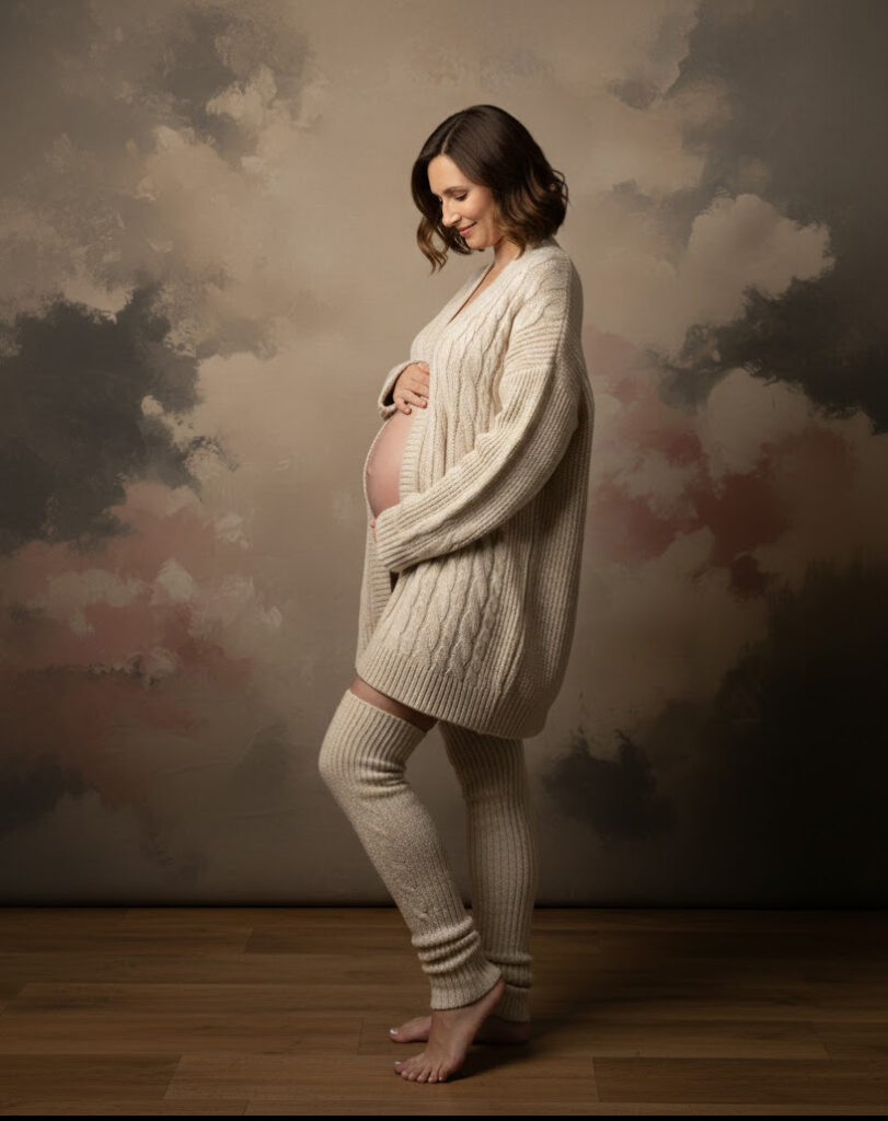 Pregnant woman in oversized soft cozy sweater with belly exposed and leggings 