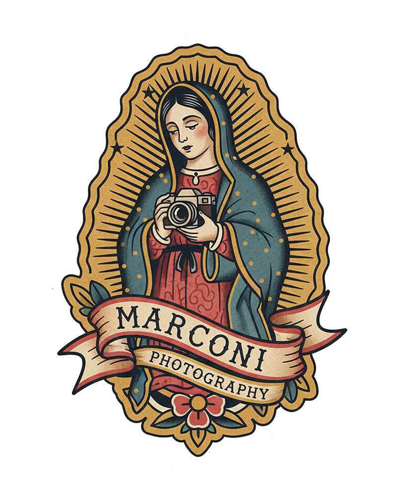 MARCONI photography Logo Our lady Guadaloupe Tattoo design