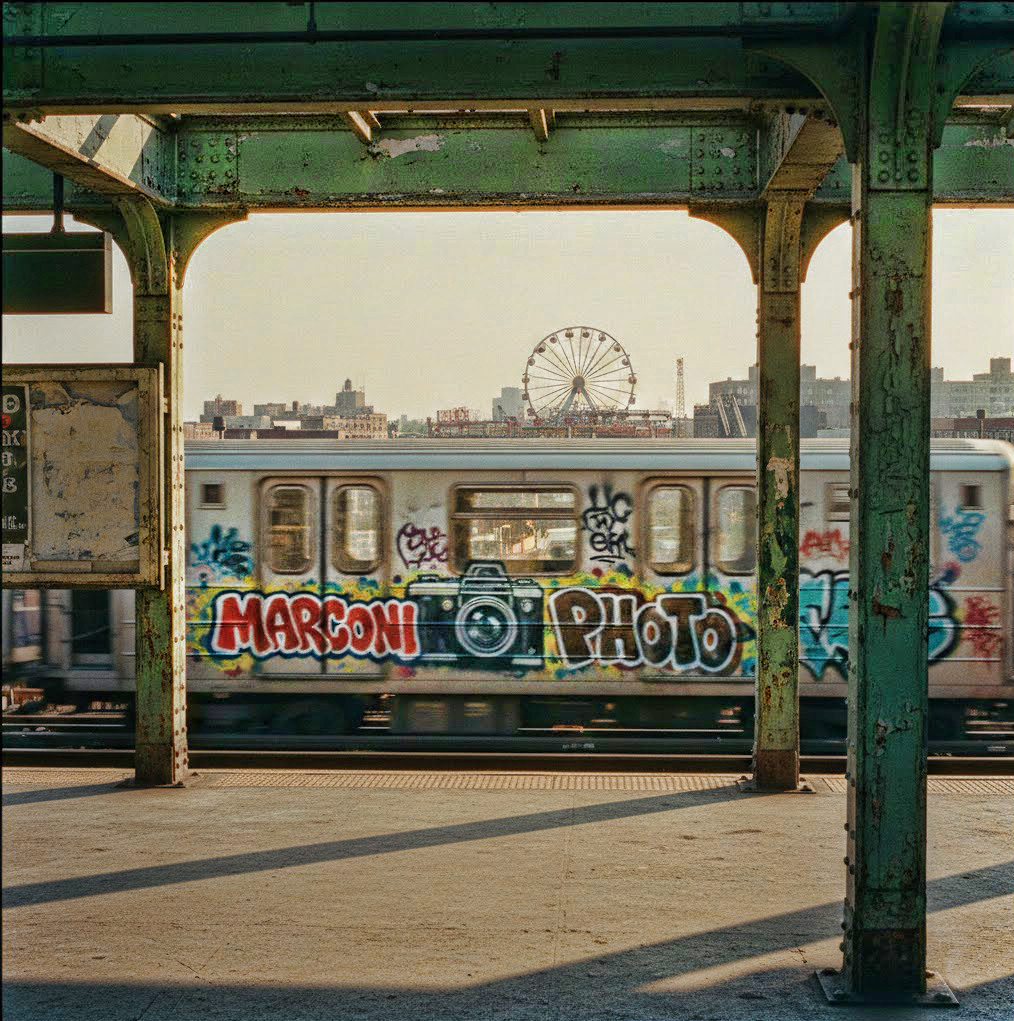 a subway car graffiti with Marconi Photo and camera