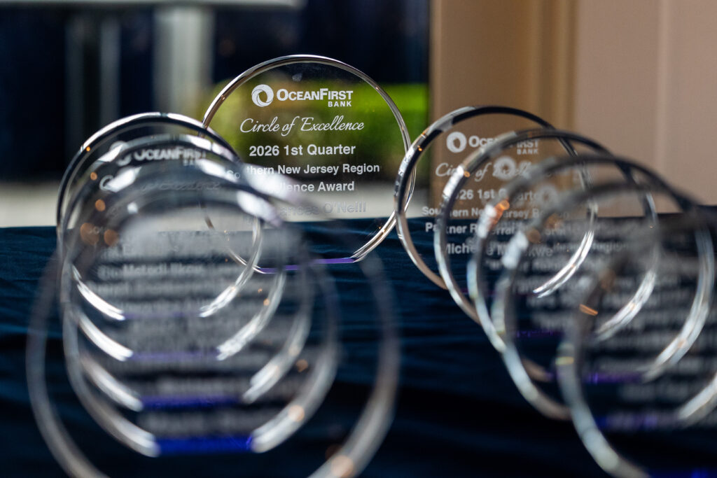 glass awards on a table for corporate event winners